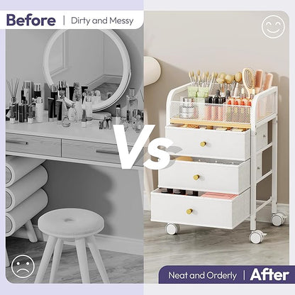 SWTYMIKI Rolling Makeup Organizer Cart - 14.96″*11.81″*23.03″ Widened Under Desk Vanity Storage with 3 Non-woven Drawers, Cosmetic Display Cases for Skin Care Perfume Nail Polish Brush Hair Tool White