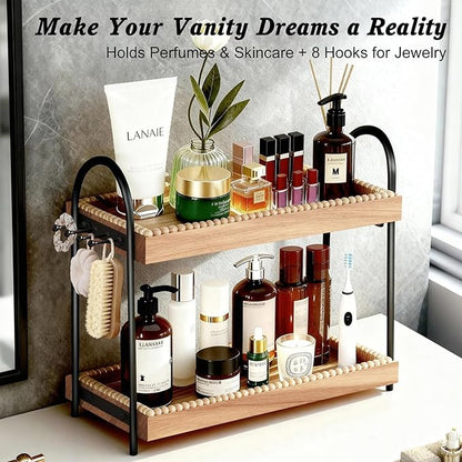 2-Tier Bathroom Countertop Organizer with 8 Hooks -Wooden Perfume & Makeup Storage Tray for Vanity Dresser, Farmhouse Skincare Organizer & Jewelry Holder for Kitchen Coffee Station