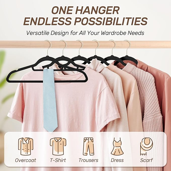 Sishynio Velvet Hangers 30 Pack with Gold Hooks, Non-Slip Slim Felt Hanger for Clothes, Space Saving Heavy Duty Flocked Hangers for Dresses, Coats, Pants(Black)