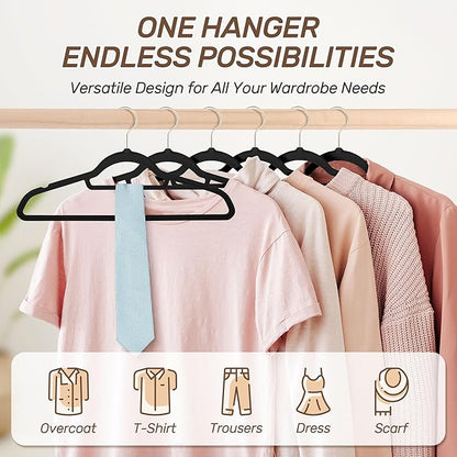 Sishynio Velvet Hangers 30 Pack with Gold Hooks, Non-Slip Slim Felt Hanger for Clothes, Space Saving Heavy Duty Flocked Hangers for Dresses, Coats, Pants(Black)