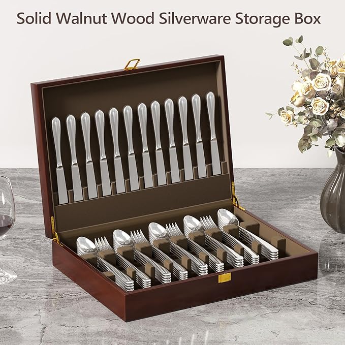Walnut Wood Silverware Storage Box,Silverware Case Flatware Chest with Felt Lined,Flatware Storage Box for 12 sets of Utensils,Silverware Chest without Silverware,Silverware Organizer with Lid