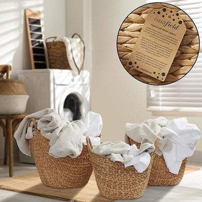 Casafield Set of 3 Multipurpose Boat Baskets with Handles - Natural, Woven Water Hyacinth Storage Organizers for Throw Blankets, Bedroom, Laundry