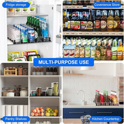 6 Rows Black Drink Organizer for Fridge, 3rd Gen Refrigerator Organizers and Storage, Automatic Pusher Glide and Adjustable Width Can Organizer for Refrigerator - Holds up to 30 Cans
