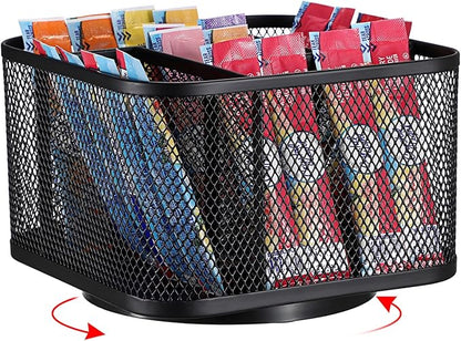ELLDOO Metal Drink Packet Organizer for Powdered Drink Mix, Rotating Water Flavor Packet Holder with 5 Compartments, Lazy Susan Organizer for Remote Control, Glasses, Makeup Brush (Black)