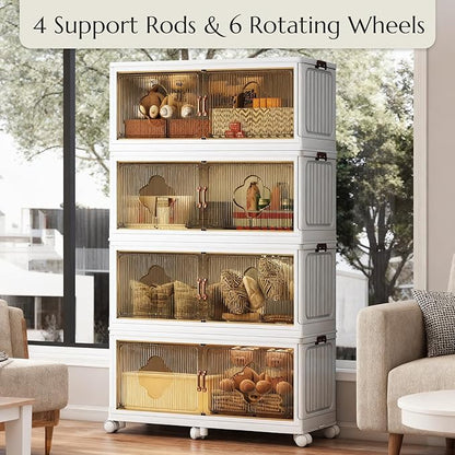 Stackable Storage Bins with Lid & Wheels, 136 Gal/544 Qt Extra Large Plastic Storage Containers, Foldable Collapsible Organizer Box for Garage, Pantry, Closet (4-Pack, Cream White)