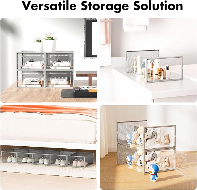 Foluck Shoe Storage Box, 15 Pack Clear Plastic Stackable Shoe Organizer for Closet, Interlocking Design Shoe Container Bins for Sneakers, Foldable Shoe Rack with Lids, Gray