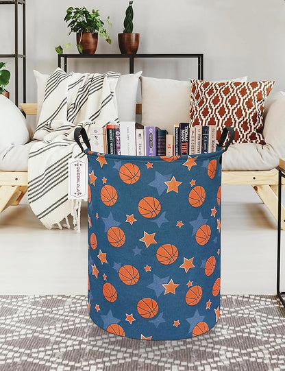 QUEENLALA Large Storage Basket,Laundry Hamper/Bathroom/Home Decor/Collapsible Round Storage Bin,Boys and Girls Hamper/Boxes/Clothing(Round-Basketball)