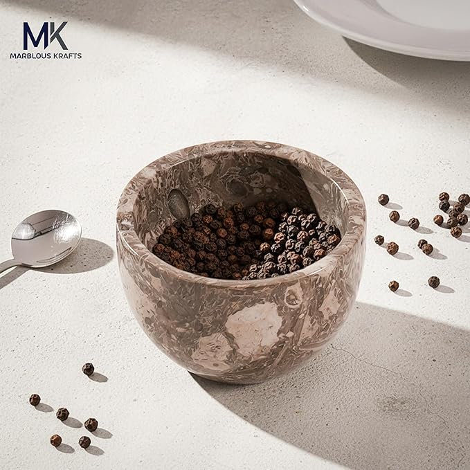 MARBLOUS KRAFTS Marble Salt Cellar with Lid and Spoon 3 x 4 Oceanic Salt Bowl, Spice Jar for Kitchen Countertop Organizer, Sugar Candy and Seasoning Container, Perfect Mother’s Day Gift for Mom