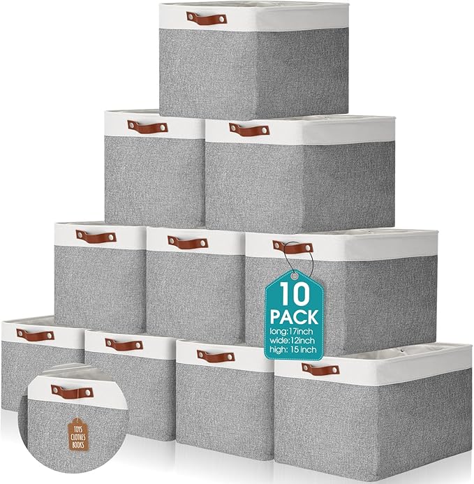 Uiifan 10 Pcs Collapsible Storage Bins Fabric Foldable Storage Basket with Handles Cloth Organizer Linen Shelf Baskets for Shelves Home Closet Nursery Toys(17 x 15 x 12 Inch,Gray and White)