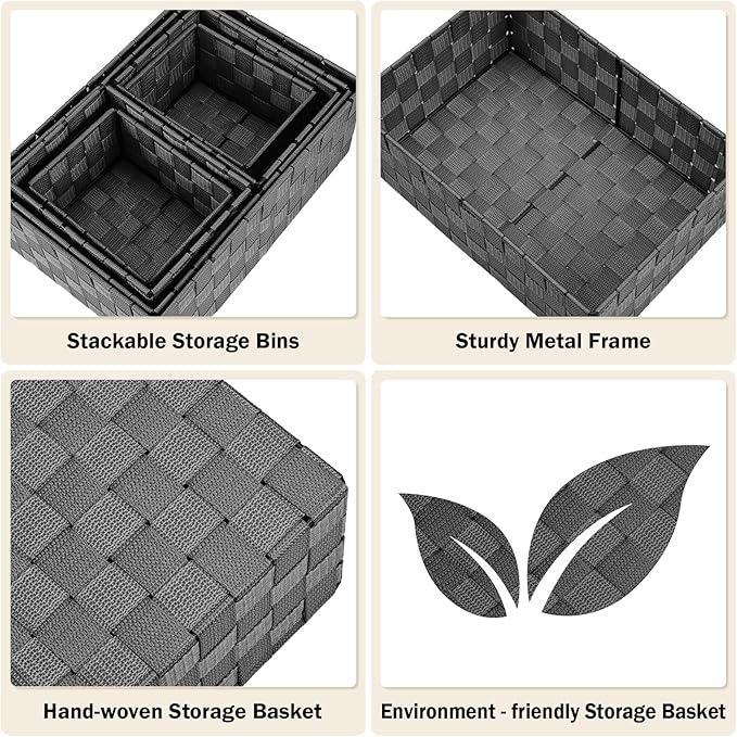 Woven Storage Baskets, Storage Bins, Cube Basket Container Baskets Storage Boxes Organizers for Clothes/Shelves/Closet, Set of 6 (Black)