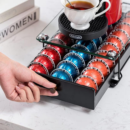 Coffee Pod Drawer Organizer for Nespresso Vertuo, 30 Pods Coffee Pod Holder, Coffee Pods Organizer with Mesh Shelves Black Glass