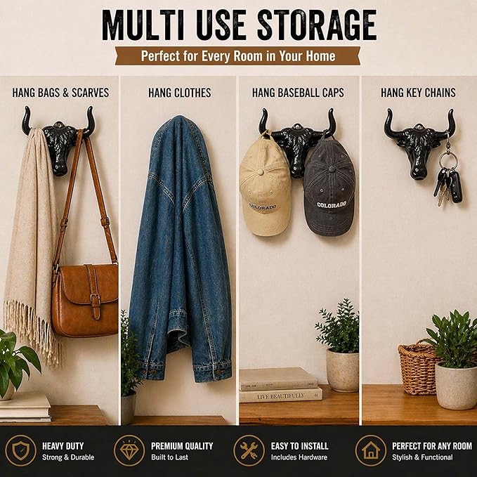 Cowboy Hat Rack Wall Mount 2PC Cowboy Hat Holder Hooks Western Hat Rack Metal Cowboy Hat Hooks Rustic Western Decor Hat Hanger