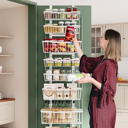 Eastherry Over The Door Organizer，8-Tier Over The Door Pantry Organizer with Adjustable Baskets，Metal Hanging Pantry Organizers and Storage for Kitchen, Back of Door Seasoning Rack (White)