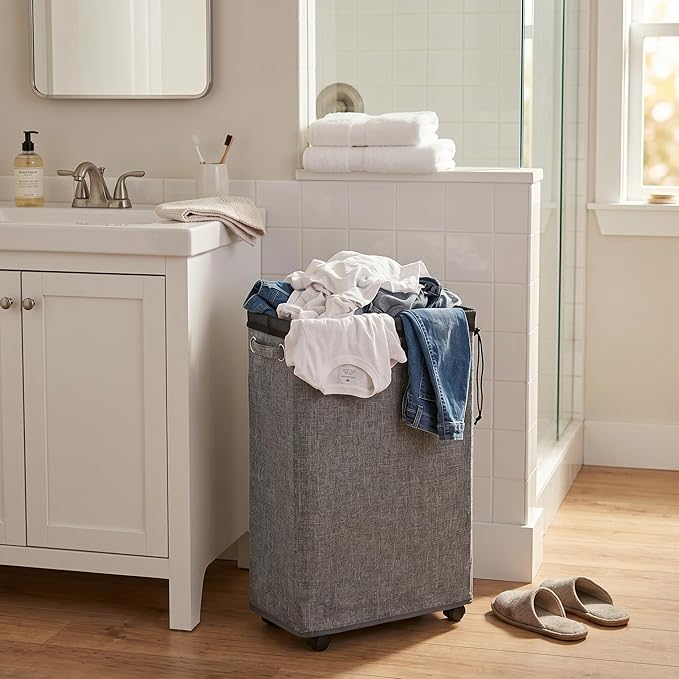 DOKEHOM 25-Inches Slim Laundry Basket on Wheels, Collapsible Rolling Laundry Hamper, Foldable Narrow Corner Clothes Storage Bins (Linen Grey)