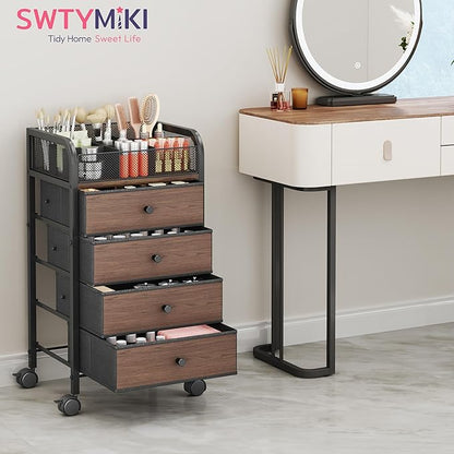 SWTYMIKI Rolling Makeup Organizer Cart - 14.96″*11.81″*27.55″ Widened Under Desk Vanity Storage with 4 Non-woven Drawers, Cosmetic Display Cases for Skin Care Perfume Nail Polish Brush Hair Tool Black