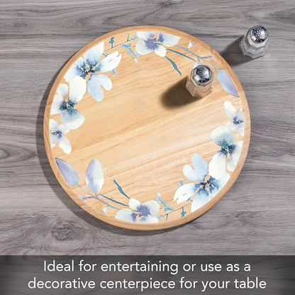 CounterArt Decorative Round Natural Wood Lazy Susan Turntable 14" Diameter Condiment Caddy, Cheese Server, Cake Plate, Spice Organization (Floral Wreath)