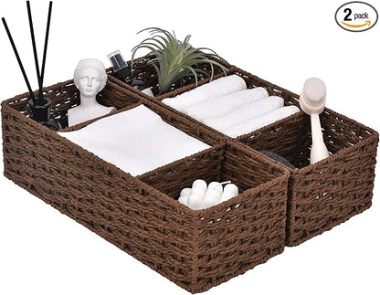 StorageWorks 3-Section Wicker Baskets for Shelves, Hand-Woven Round Paper Rope Storage Baskets, Walnut, 2-Pack