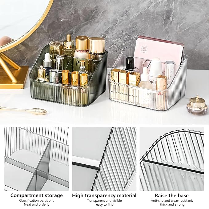 DASITON Large Capacity Makeup Brush Holder,5 Slot Makeup Brush Cup,Vintage striped Make Up Brush Holder,for Vanity Decor,Bathroom Countertops,Desk Storage Container,Cosmetic Display cases(Clear-L)