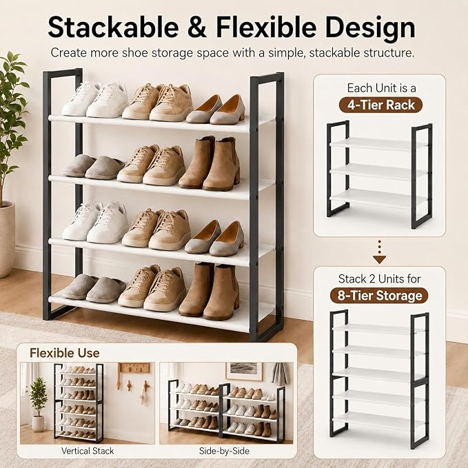 4-Tier Shoe Rack for Closet & Entryway, Stackable Shoe Organizer with Screw-Fastened Metal Frame, Less Wobble Design, Heel-Friendly Non-Woven Shelves, 11.8" Deep Space-Saving Shoe Storage Black