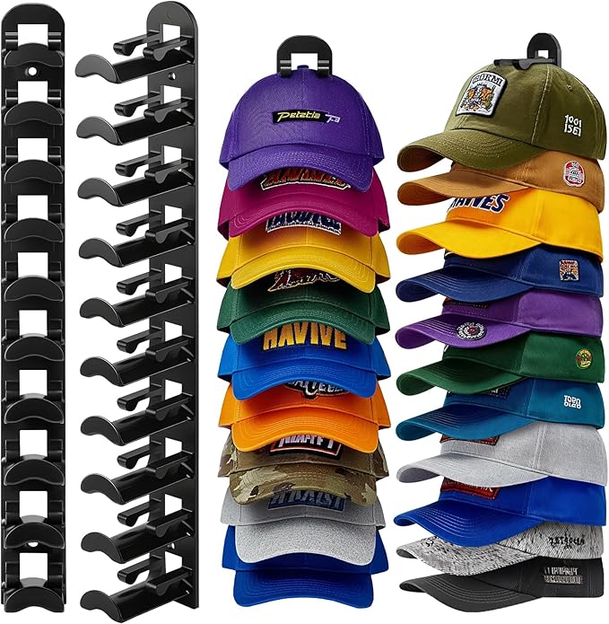 2 Pack Hat Organizer for Baseball Caps, Hat Rack for Wall Hold Up to 20 Hats, Hat Holder with Strong Adhesive and Screws, Hat Organizer Wall Mounted Hat Hanger Display for Door Closet Bedroom(B-Black)