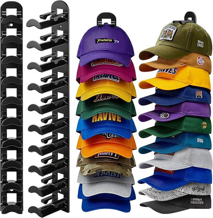 2 Pack Hat Organizer for Baseball Caps, Hat Rack for Wall Hold Up to 20 Hats, Hat Holder with Strong Adhesive and Screws, Hat Organizer Wall Mounted Hat Hanger Display for Door Closet Bedroom(B-Black)