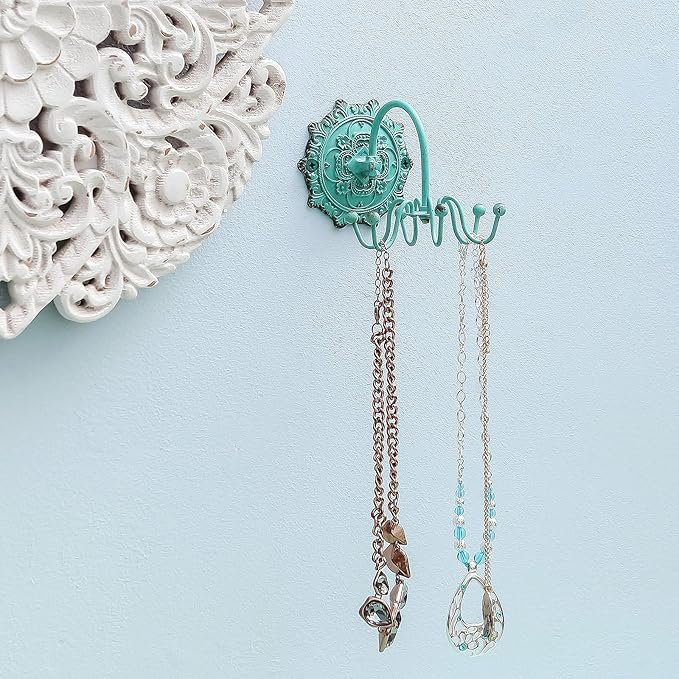 NIKKY HOME Wall Mounted Hooks Jewelry Organizer Rustic Hanging Vintage Decorative Shabby Chic Jewelry Storage Display Hanger for Necklace, Earrings, Rings, Belt, Hat, Gift for Women Girl Lady, Green