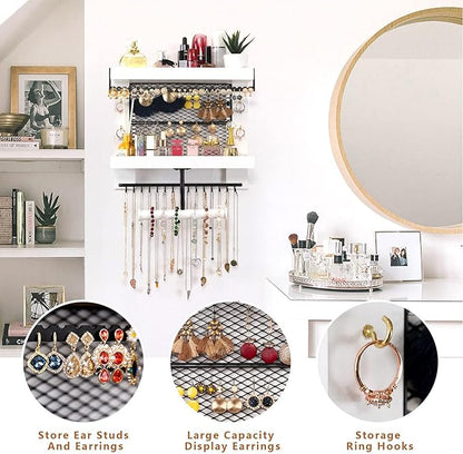 Pinzoveco Hanging Jewelry Organizer Wall Mounted With Wall Jewelry Organizer Holder For Necklaces Bracelet Earrings Ring (White)