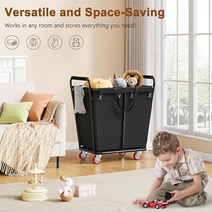 Hoctieon Large Laundry Cart with Wheels, 300L Heavy Duty Laundry Basket Organizer, Rolling Hamper Sorter for Clothes Storage, Industrial Dirty Clothes Hamper for Home & Hotel, Black