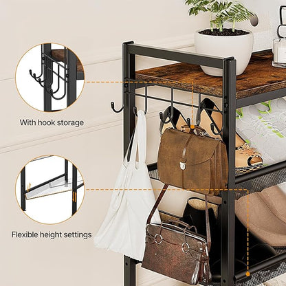 4 Tier Shoe Rack, Shoe Rack for Entryway with Hook, Shoe Organizer with Adjustable Mesh Shelves, Metal Shoe Storage, Closet, Bedroom Living Room Garage
