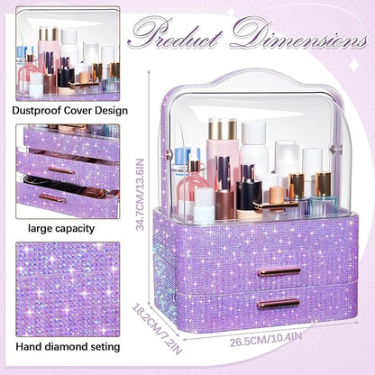 Honeydak Bling Makeup Organizer for Mothers Day Nurses Day Birthday Gifts Rhinestone Cosmetic Display Cases with Transparent Cover, Skincare Perfume Organizer for Countertop, Desk(Purple,Rhinestone)