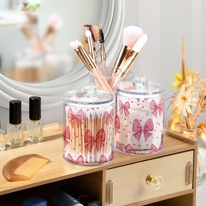 Pink Bows Qtip Holder with Lid,2Pack Clear Plastic Apothecary Jars Bathroom Storage Containers for Cotton Swab,Cotton Ball,Floss Picks,Tea,Coffee