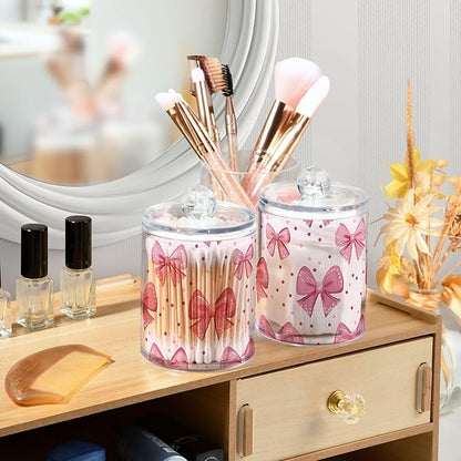 Pink Bows Qtip Holder with Lid,2Pack Clear Plastic Apothecary Jars Bathroom Storage Containers for Cotton Swab,Cotton Ball,Floss Picks,Tea,Coffee