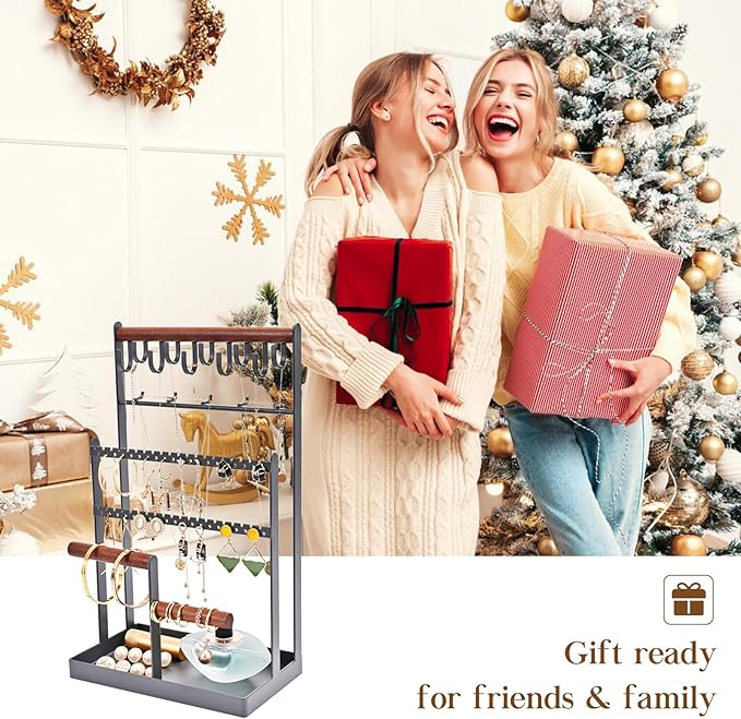 Lolalet Jewelry Holder Organizer Jewelry Stand, 6 Tier Jewelry Rack Necklace Holder Organizer with 15 Hooks and Bottom Tray, Jewelry Tower Display Storage Tree for Bracelets Earrings Rings -Grey