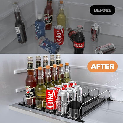 5 Rows Drink Organizer for Fridge, 15'' Soda Can Dispenser for Refrigerator with Pusher Glide, Width Adjustable Fridge Can Organization Hold Up to 25 Cans (Black)