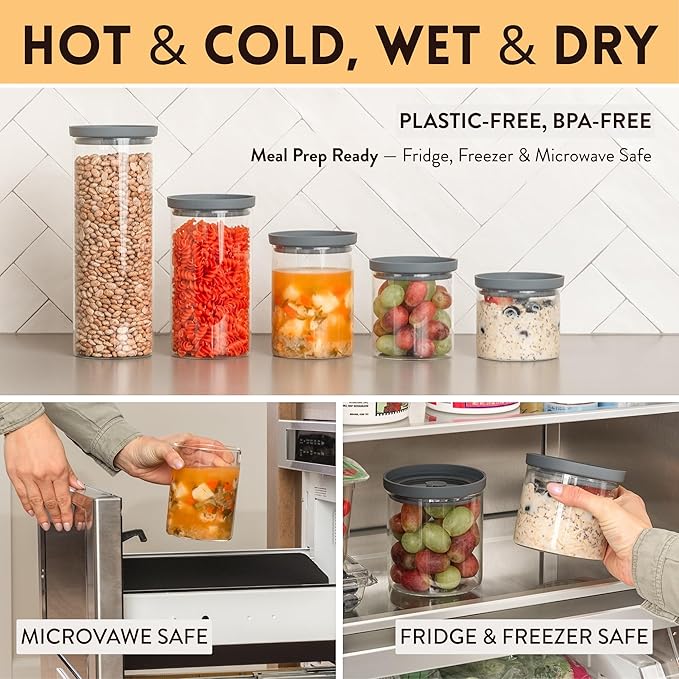 Glass Kitchen Storage Containers with Airtight Silicone Lids, BPA-Free Pantry Glass Jars with Airtight Lid for Pantry Meal Prep, Pasta and Food – Set of 5 with Portion Tool