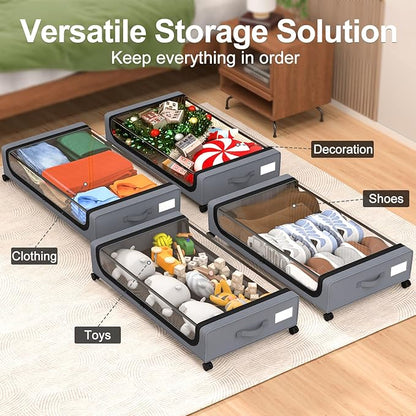 GoMaihe Under Bed Storage with Wheels: 48L Underbed Storage Containers with Lids - Rolling Bins for Shoes Clothes in Dorm Bedroom - Metal Drawers Easy Pull-out Grey 2-Pack