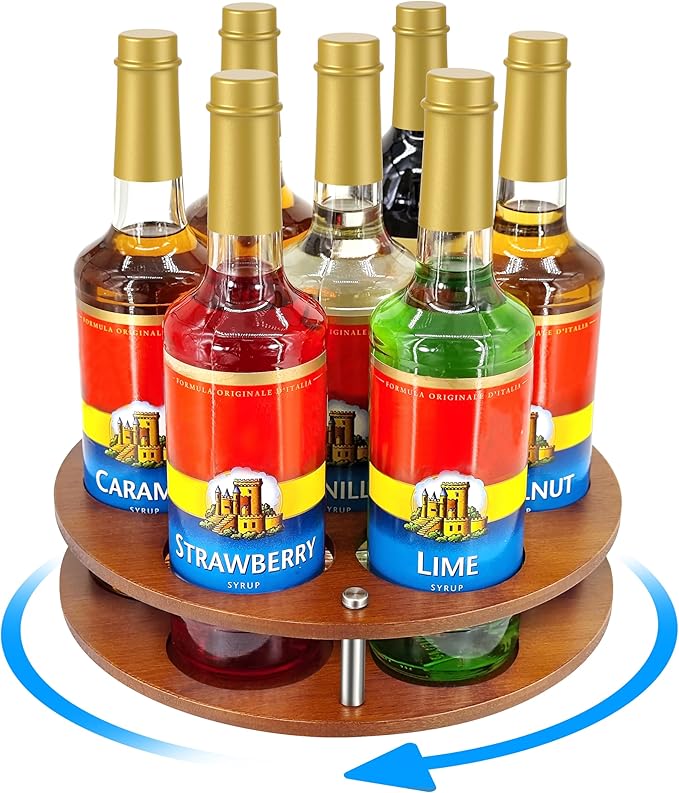 Rotating Coffee Syrup Organizer Rack,Syrup Bottle Stand Holder for Coffee Syrup Station,7 Bottles Storage Display Turntable Tray&Lazy Susan for Syrup,Liquor Wine in Kitchen Countertop