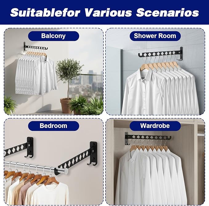 Kifmurase 2Pcs Wall Mount Coat Hanger, Black Clothes Drying Organizer Rack, Retractable Folding Indoor Wall Mounted Holder, Closet Storage Organizer for Laundry Room Bedroom with 40cm Rod