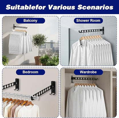 Kifmurase 2Pcs Wall Mount Coat Hanger, Black Clothes Drying Organizer Rack, Retractable Folding Indoor Wall Mounted Holder, Closet Storage Organizer for Laundry Room Bedroom with 40cm Rod
