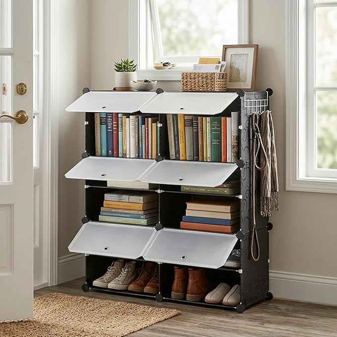 HealSmart Shoe Rack Organizer with Door, Shoe Storage Cabinet, Stackable Plastic Shelves for Closet, Entryway, Hallway, Bedroom, 6-Tier 24-Pair, Black