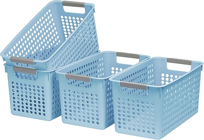 Soddeph Slim Plastic Storage Basket with Handles, Narrow Organizer box for Shelves, Organizer box for Organizing, Kitchen,Home,Office (Blue, Medium)
