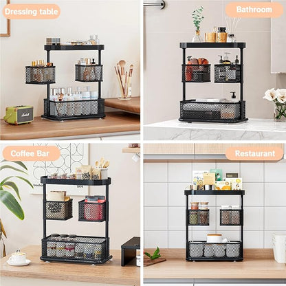 Bathroom Counter Organizer 3 Tier Rotating Cosmetic Holder Standing Shelf Vanity Bedroom Storage Cabinet Bathroom Tray for Countertop Storage Kitchen Spice Rack (Black, 3Tiers)