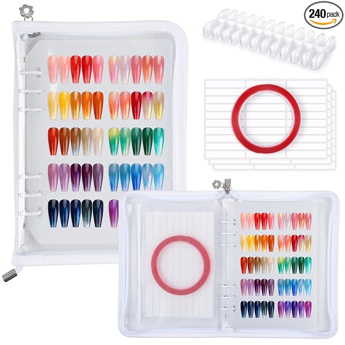 Segbeauty Press On Nails Design Book with A5 Zipper Binder, Sample Nail Polish Holder Organizer Case with 240 Fake Nails, Insert Pages for Accessories, Sample Swatches for Nail Art Salon, White