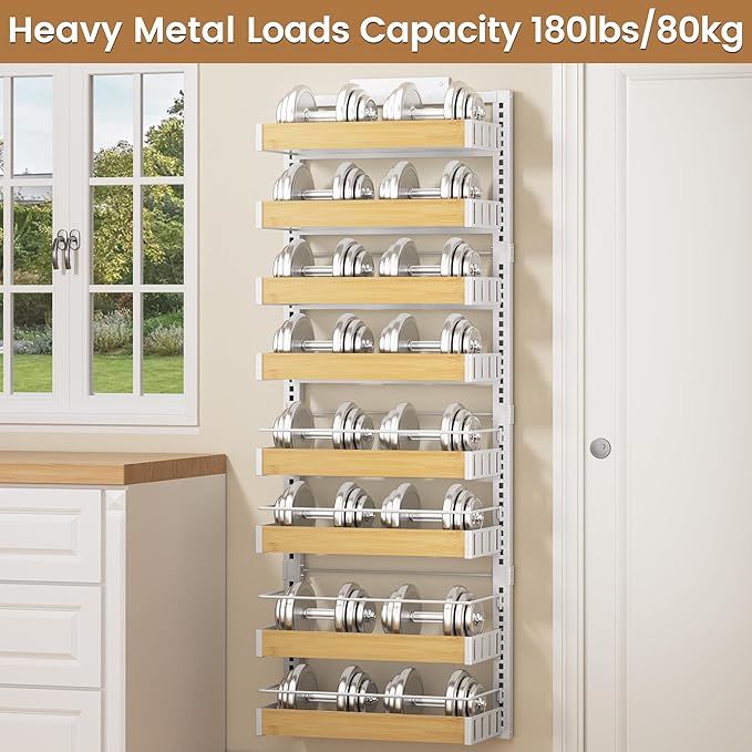 POKIPO 8 Tier Over The Door Pantry Organizer, 2 IN 1 Wall Mount or Hanging Spice Rack Seasoning Shelves with Adjustable Basket, Back of Door Organizer and Storage for Kitchen Cabinet and Room Closet