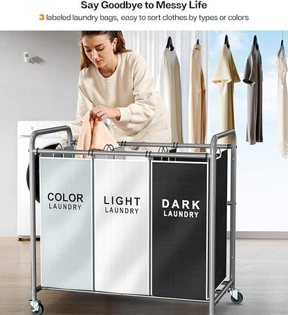 ROMOON Laundry Sorter Hamper 3 Section, Divided Laundry Basket Organizer with Heavy Duty Lockable Wheels and Removable Bags, Rolling Clothes Hamper for Apartment, Dorm & Family (135L Multicolor)