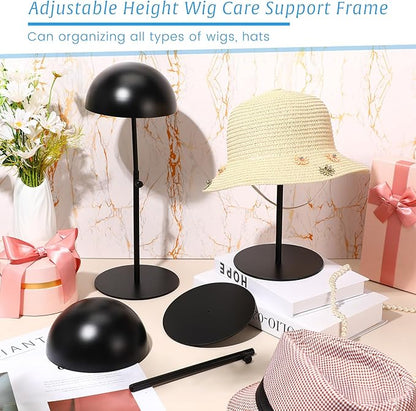 Sintuff 4 Pcs Hat Display Stand:adjustable 7.9-15.7inch Wigs Head Holder Stand Non Slip Stainless Steel Metal Rack for Multiple Hats Wig Storage Styling Practice(Black,Round Base)