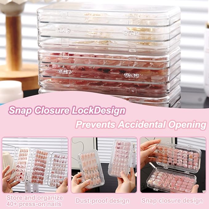 Tri-Fold Press on Nail Storage Box,Portable Press on Nails Organizer Case with 60 Pcs Adhesive Double Sided Tape,Acrylic Nail Storage Box for All Size Fake Nails Home Travel Use