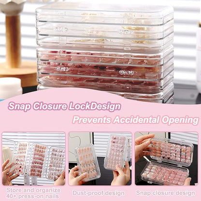 Tri-Fold Press on Nail Storage Box,Portable Press on Nails Organizer Case with 60 Pcs Adhesive Double Sided Tape,Acrylic Nail Storage Box for All Size Fake Nails Home Travel Use