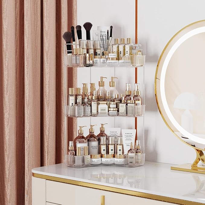 Asayuee 3-Tier Corner Bathroom Counter Organizer with Top Toothbrush Holders,Large Makeup Organizer Countertop with Brush Holder,Skincare Organizers Corner,Exquisite Vanity Organizer (Clear, 3 Tier)