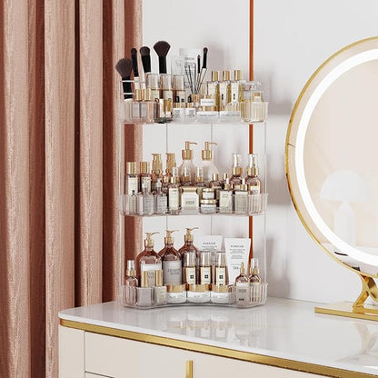 Asayuee 3-Tier Corner Bathroom Counter Organizer with Top Toothbrush Holders,Large Makeup Organizer Countertop with Brush Holder,Skincare Organizers Corner,Exquisite Vanity Organizer (Clear, 3 Tier)